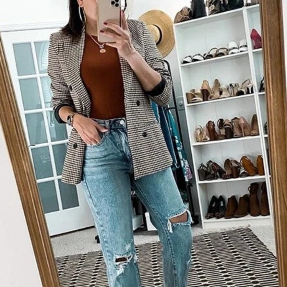 Plaid Print Double Breasted Lapel Collar Blazer work professional Business Chic - Picture 7 of 16